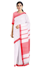 White Saree with Rose Red Border
