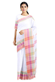 White Saree with Orange, Magenta, Green and Yellow Border