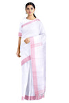 White Saree with Magenta and Orange Lining Border