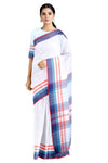 White Saree with Orange, Red, Sky and Ink Blue Border