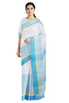 White Saree with Sky Blue Stripes and Sky Blue, Yellow Border
