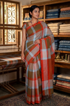 Multi Colour Brown Saree with Blue and Red Border and Checks