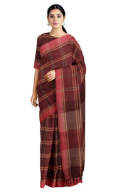 Oxblood Red Saree with Light Orange and Brown Checks and Red Border