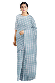 Blue and White Check Saree