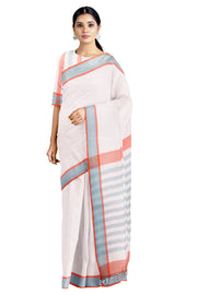 White Saree with Orange and Blue Border