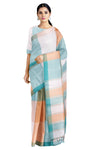Orange, Green and White Shaded Check Saree with Same Borders
