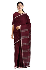 Self Striped Maroon Red Saree with Silver White Border
