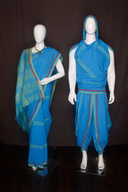 Tufts Blue Aahar Joda with Red and Green Border and Stripes