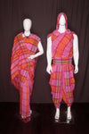 Pink and Orange Aahar Joda with Magenta Checks and Yellow Border