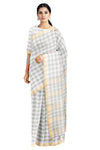 Sage Green and White Check Saree with Butter Milk Yellow Border
