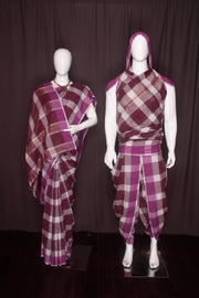 White and Brown Check Aahar Joda with Purple Border