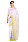White Saree with Blue Checks and Pink and Lime Green Border