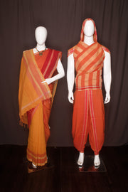 Yellow and Orange Aahar Joda with Tan and Red Border and Stripes in Dupatta