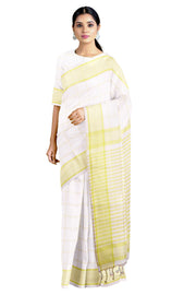 White Saree with Shrek Green Checks and Border
