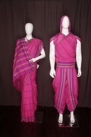 Magenta Aahar Joda with Tan and Purple Stripes and Border