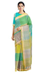 Grey, Blue and Green Shaded Saree with Golden Checks and Border