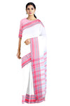 White Saree with Sky Blue and Cerise Red Border