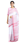White Saree with Rouge Pink and Red Stripes and Border