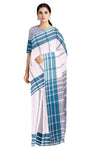 White Saree with Grey Stripes and Petrol Blue Border
