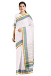 White Saree with Blue, Green, Yellow and Red Border