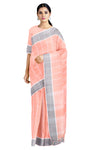 Pink Saree with White Striped and Gray Border