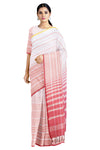 White and Amaranth Pink Saree with Striped and Red, Yellow Border