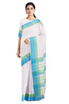 White Saree with Green and Blue Border