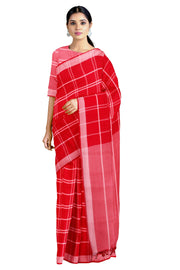 Rojo Red Saree with White Checks and Border