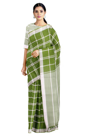 Pickle Green Saree with White Checks and Border