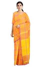 Peel Orange Saree with Yellow and Purple Checks and Border