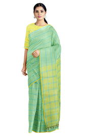 Turquoise Green Saree with Yellow Stripes and Border