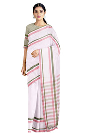 White Self Check Saree with Green and Rose Pompadour Red Border