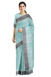 Cyan Saree with White Stripes and Grey and White Border