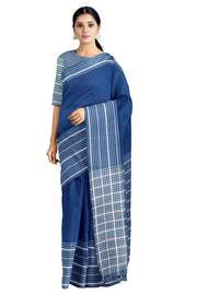 Chambray Blue Saree with White, Grey and Light Blue Striped Border