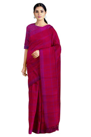 Cranberry Red Saree with Purple Checks and Border