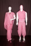 Pink Aahar Joda with White Stripes, Checks and Border