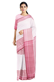 White Saree with Light and Dark Red Striped Border