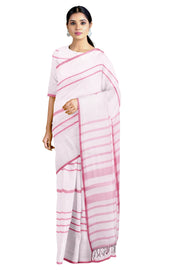 White Saree with Red Stripes and Border