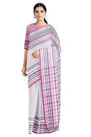 White Saree with Dark Blue, Purple and Magenta Stripes and Border