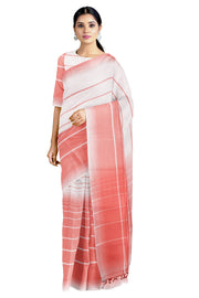 White and Peach Striped Saree with Same Border
