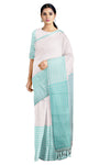 White Saree with Cyan Border