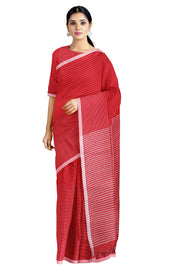 Red Saree with Off White Striped and Border