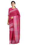 Rose Red Saree with Red and White Striped Border