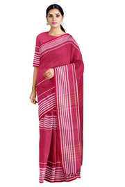 Rose Red Saree with Red and White Striped Border