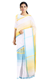 White, Yellow and Sky Blue Saree with Yellow and Sky Blue Border