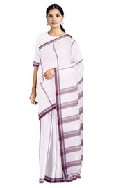 White Saree with Carolina Blue and Brown Stripes and Border