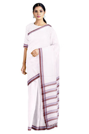 White Saree with Carolina Blue and Brown Border