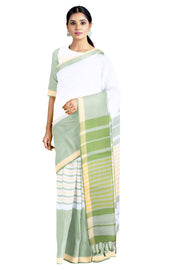 White and Sea Green Saree with Green, Yellow Border