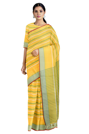 Lemon Yellow Saree with White, Sea Green Striped and Red , Sea Green Striped Border