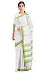 White Saree with Yellow and Green Stripes and Border